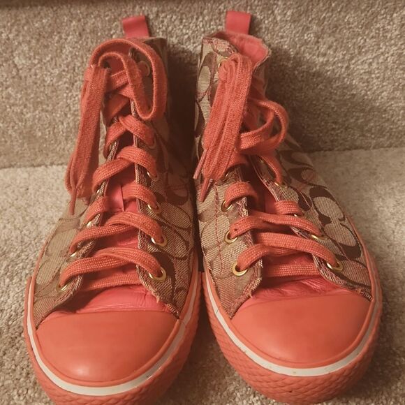 Coach "Franca" Brown Jacquard Signature w/ Pink Accents Hi Top Sneakers Size 9 - Picture 3 of 14
